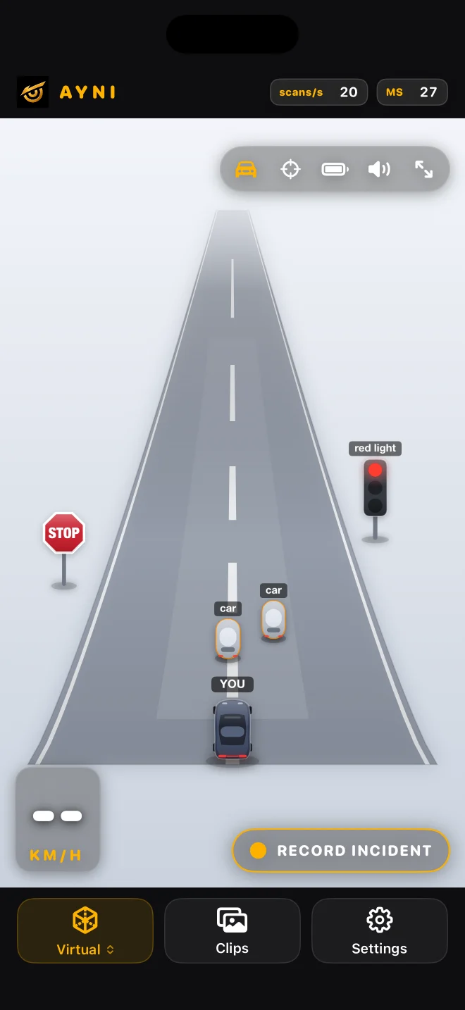 Actual Virtual View · Simulator with representative detections. Readouts are demo values, not performance measurements.
