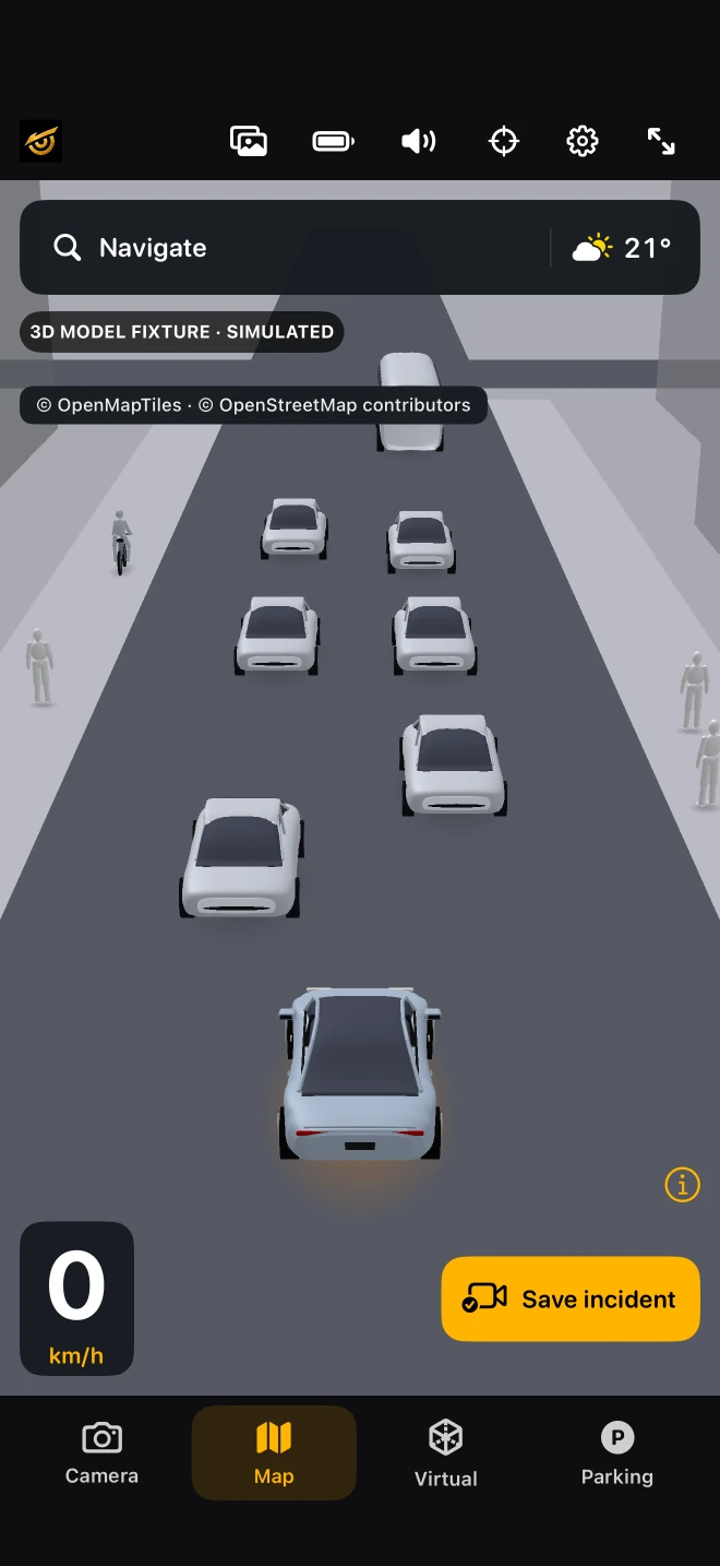 AyniCam 2.0 Maps interface with a clearly labeled simulated scene