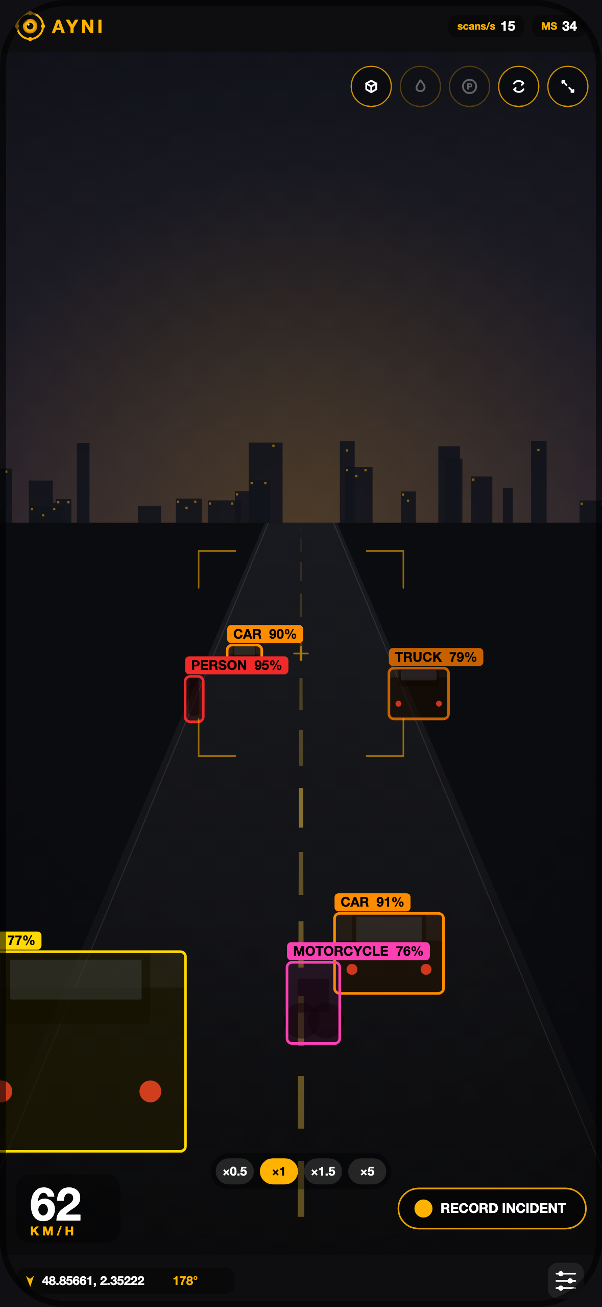 AYNI detecting cars and pedestrians ahead, each with a labeled box and distance