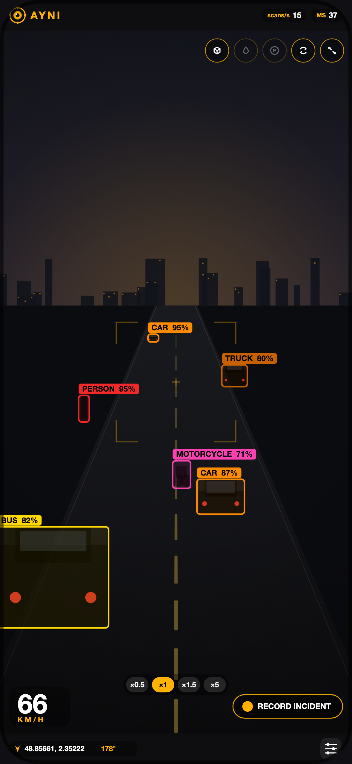 AYNI live driving HUD on an iPhone: camera view of the road with real-time detection boxes, speed and heading