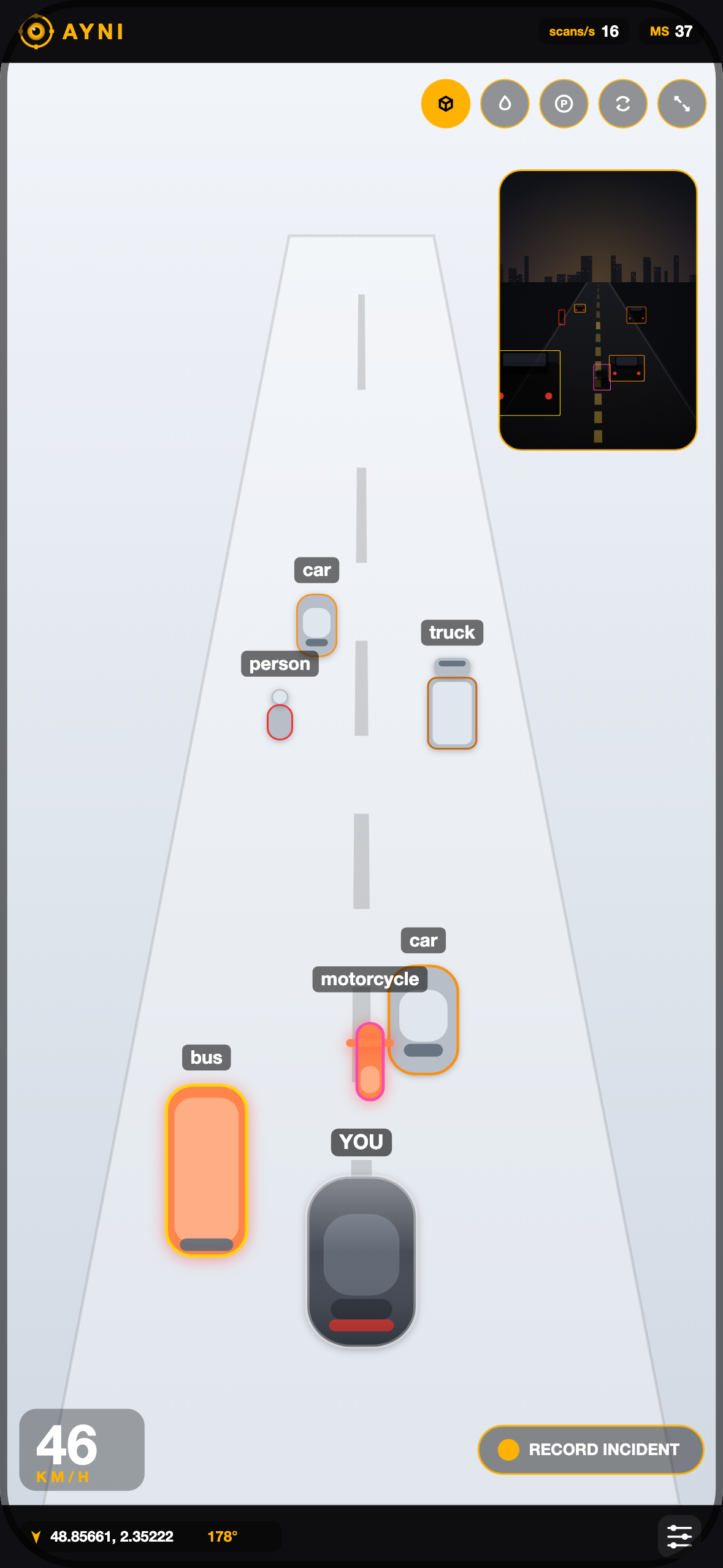 AYNI Virtual View: your car on a virtual road with surrounding traffic placed by distance
