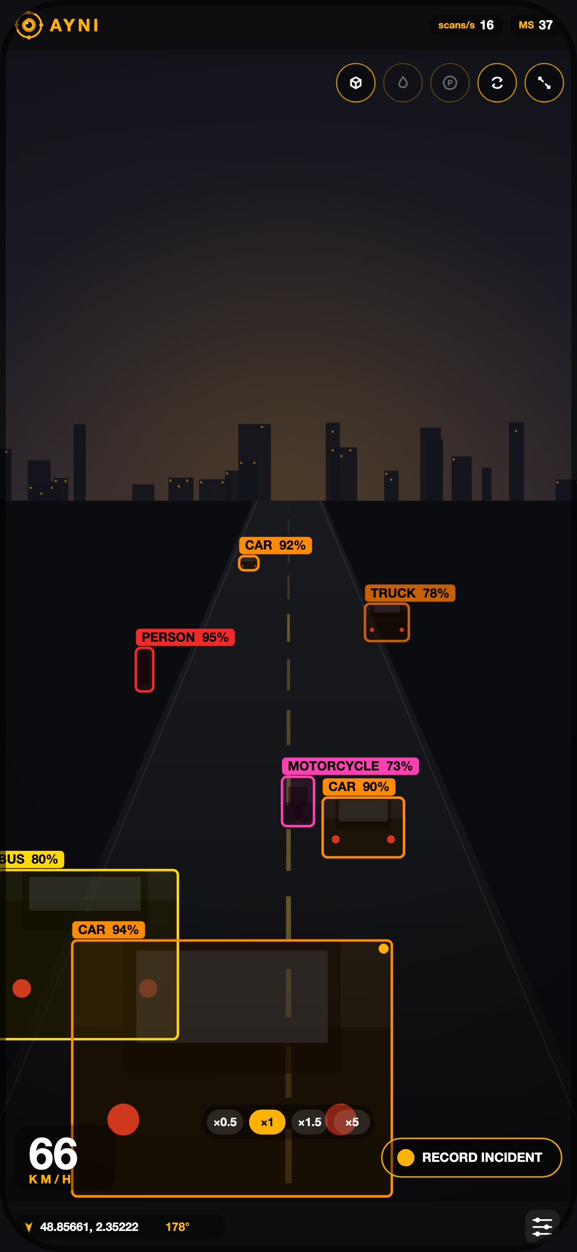 AYNI driving HUD at the moment of a spoken proximity alert